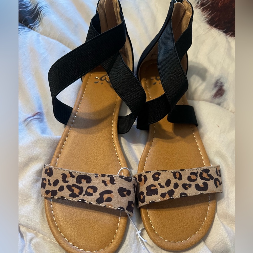 Leopard Print Sandals with Black Straps